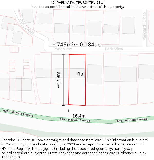 45, PARK VIEW, TRURO, TR1 2BW: Plot and title map