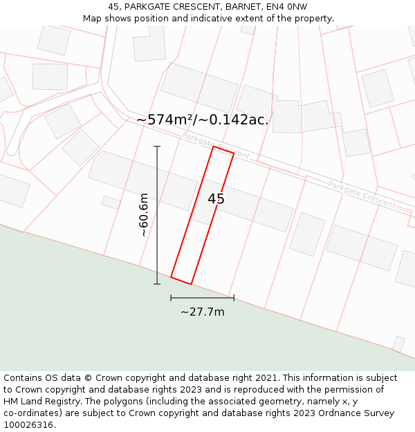 45, PARKGATE CRESCENT, BARNET, EN4 0NW: Plot and title map