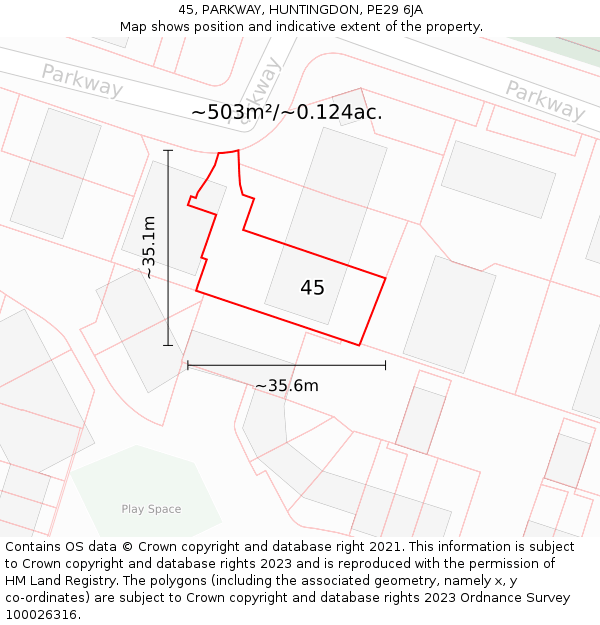 45, PARKWAY, HUNTINGDON, PE29 6JA: Plot and title map