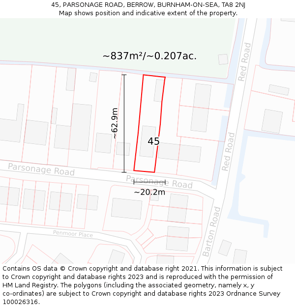 45, PARSONAGE ROAD, BERROW, BURNHAM-ON-SEA, TA8 2NJ: Plot and title map