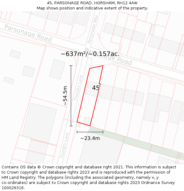 45, PARSONAGE ROAD, HORSHAM, RH12 4AW: Plot and title map
