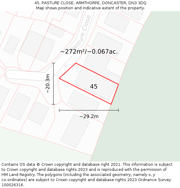 45, PASTURE CLOSE, ARMTHORPE, DONCASTER, DN3 3DQ: Plot and title map