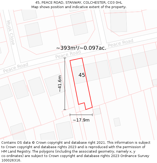 45, PEACE ROAD, STANWAY, COLCHESTER, CO3 0HL: Plot and title map