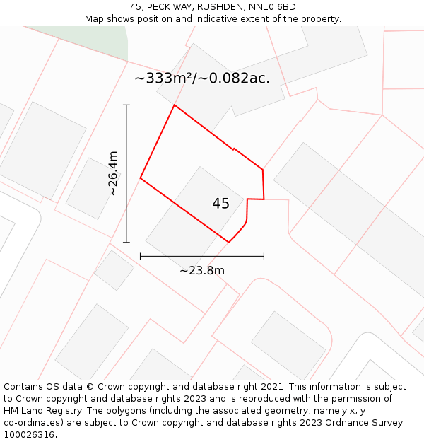 45, PECK WAY, RUSHDEN, NN10 6BD: Plot and title map