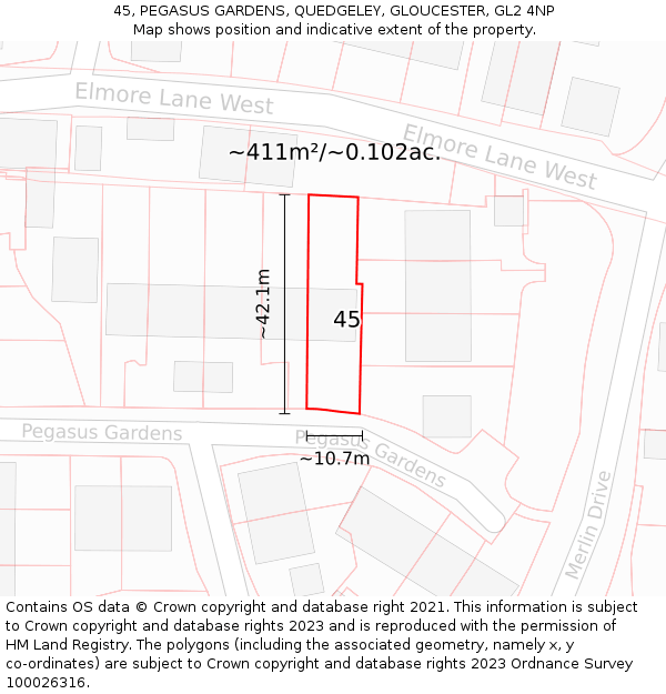 45, PEGASUS GARDENS, QUEDGELEY, GLOUCESTER, GL2 4NP: Plot and title map