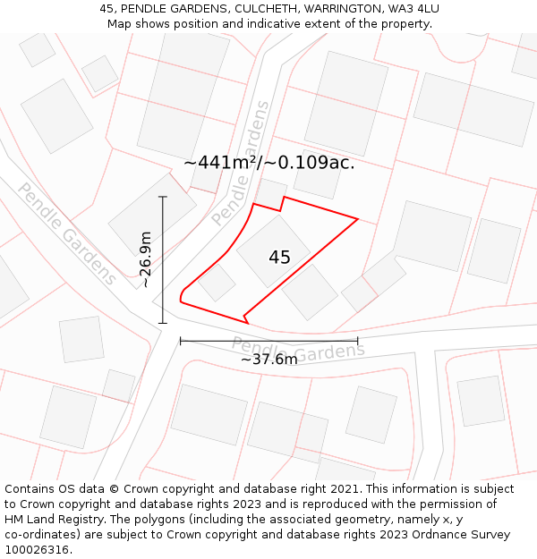 45, PENDLE GARDENS, CULCHETH, WARRINGTON, WA3 4LU: Plot and title map