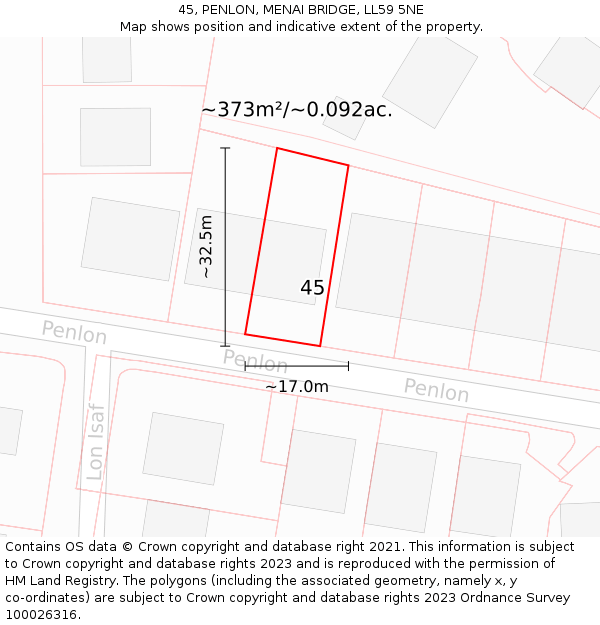 45, PENLON, MENAI BRIDGE, LL59 5NE: Plot and title map