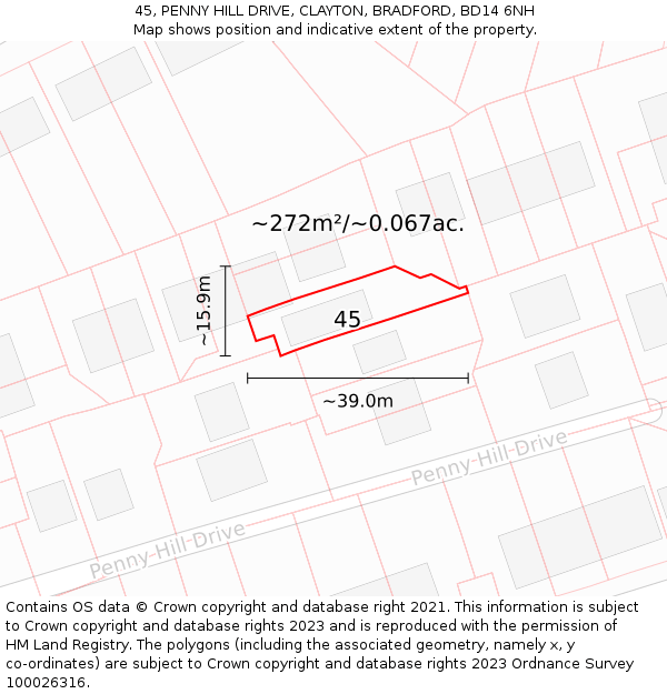45, PENNY HILL DRIVE, CLAYTON, BRADFORD, BD14 6NH: Plot and title map