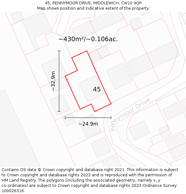 45, PENNYMOOR DRIVE, MIDDLEWICH, CW10 9QP: Plot and title map