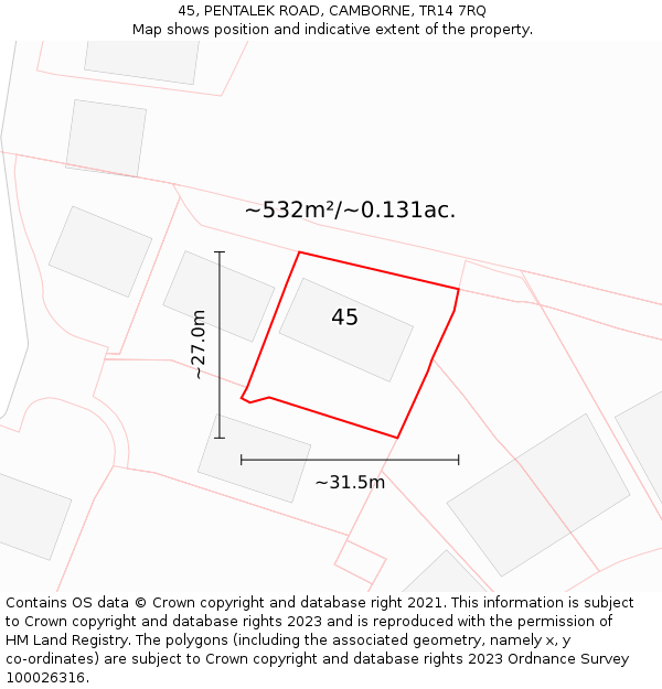 45, PENTALEK ROAD, CAMBORNE, TR14 7RQ: Plot and title map