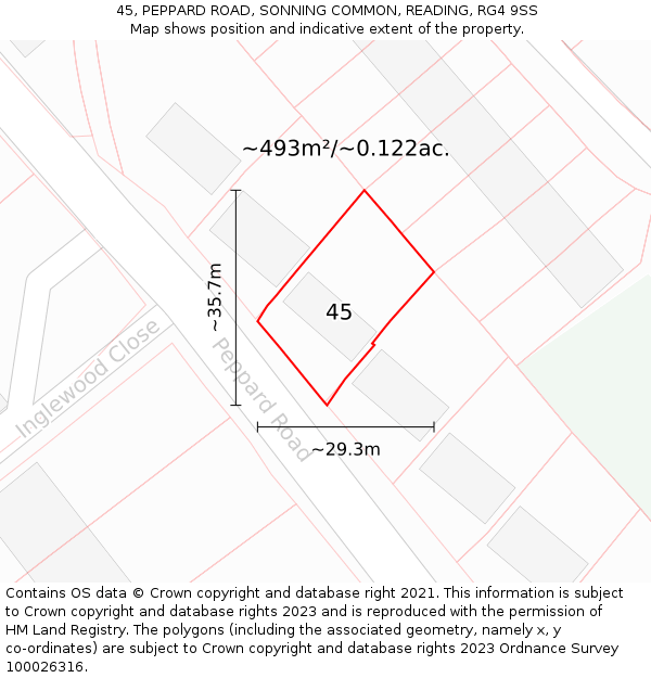 45, PEPPARD ROAD, SONNING COMMON, READING, RG4 9SS: Plot and title map