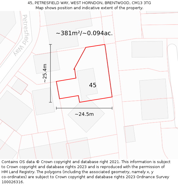 45, PETRESFIELD WAY, WEST HORNDON, BRENTWOOD, CM13 3TG: Plot and title map