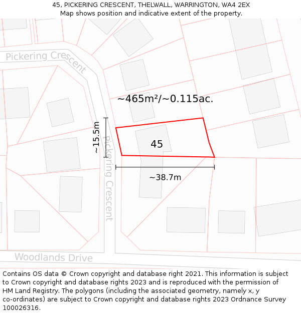 45, PICKERING CRESCENT, THELWALL, WARRINGTON, WA4 2EX: Plot and title map