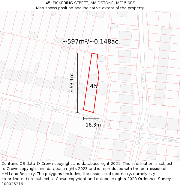 45, PICKERING STREET, MAIDSTONE, ME15 9RS: Plot and title map