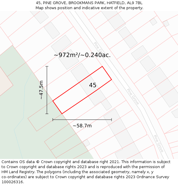 45, PINE GROVE, BROOKMANS PARK, HATFIELD, AL9 7BL: Plot and title map
