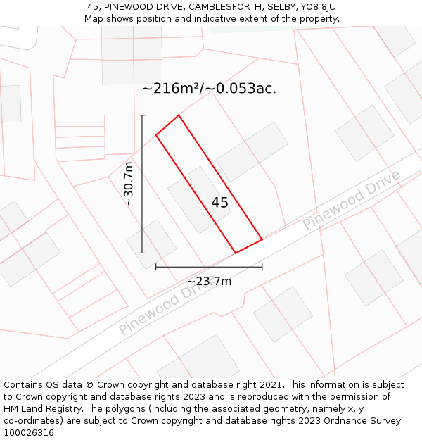 45, PINEWOOD DRIVE, CAMBLESFORTH, SELBY, YO8 8JU: Plot and title map