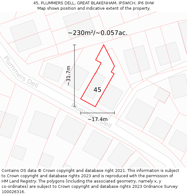 45, PLUMMERS DELL, GREAT BLAKENHAM, IPSWICH, IP6 0HW: Plot and title map