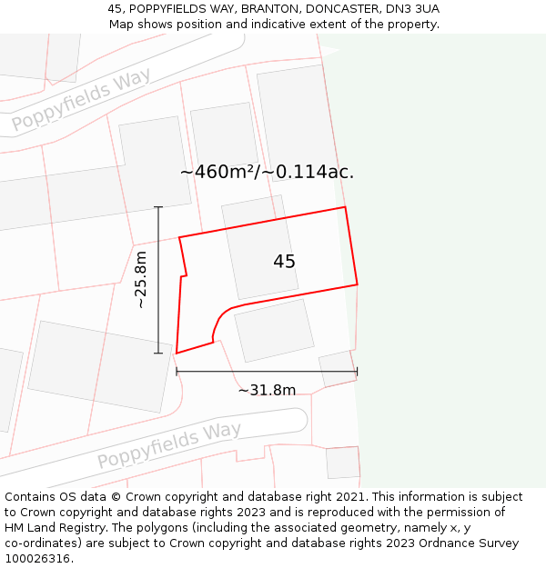 45, POPPYFIELDS WAY, BRANTON, DONCASTER, DN3 3UA: Plot and title map
