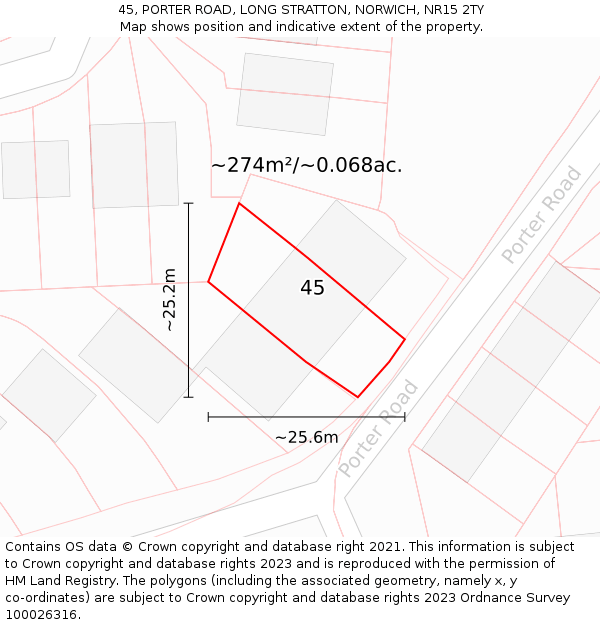 45, PORTER ROAD, LONG STRATTON, NORWICH, NR15 2TY: Plot and title map