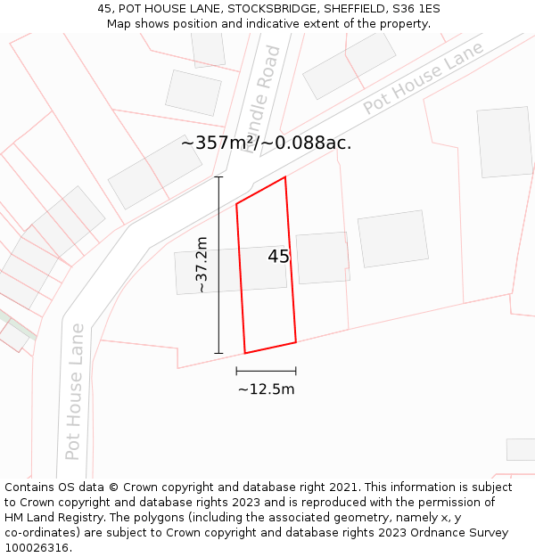 45, POT HOUSE LANE, STOCKSBRIDGE, SHEFFIELD, S36 1ES: Plot and title map