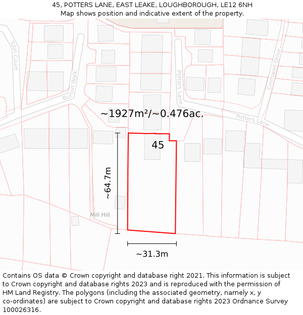 45, POTTERS LANE, EAST LEAKE, LOUGHBOROUGH, LE12 6NH: Plot and title map