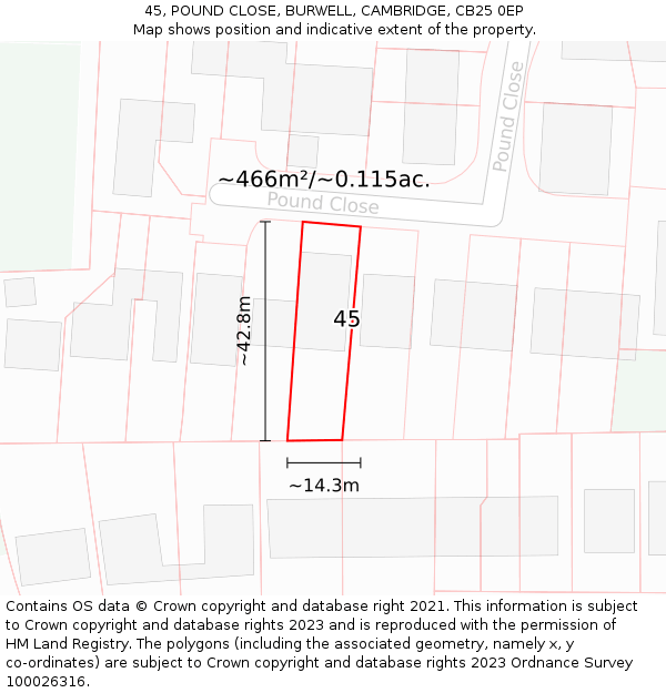45, POUND CLOSE, BURWELL, CAMBRIDGE, CB25 0EP: Plot and title map