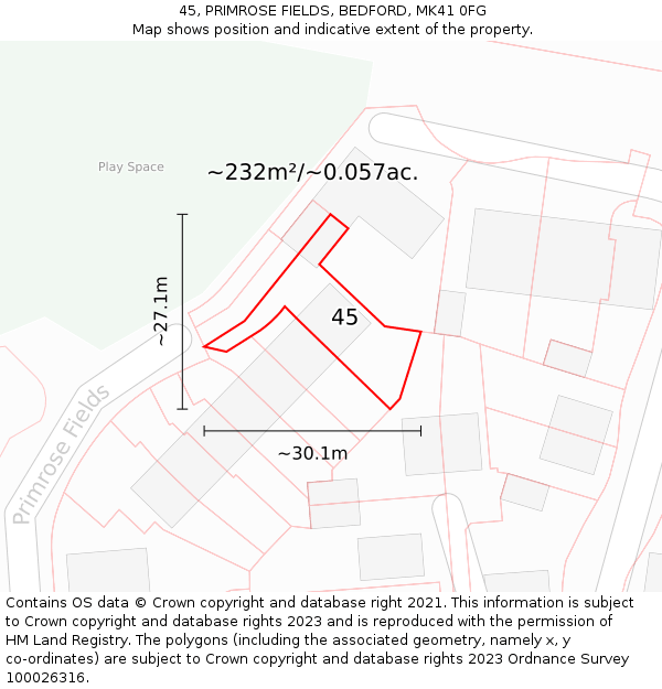 45, PRIMROSE FIELDS, BEDFORD, MK41 0FG: Plot and title map