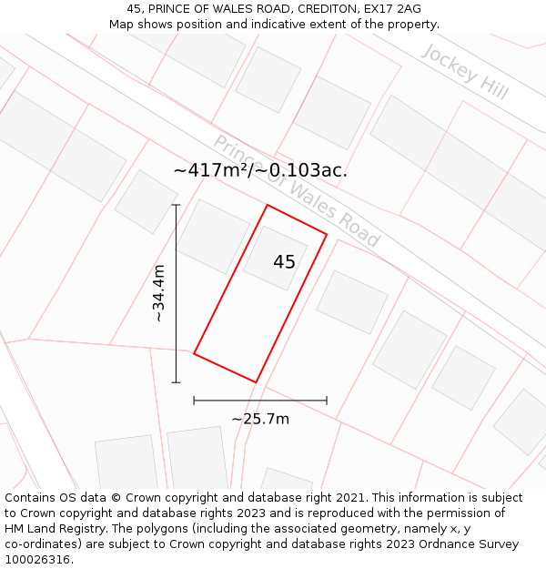 45, PRINCE OF WALES ROAD, CREDITON, EX17 2AG: Plot and title map