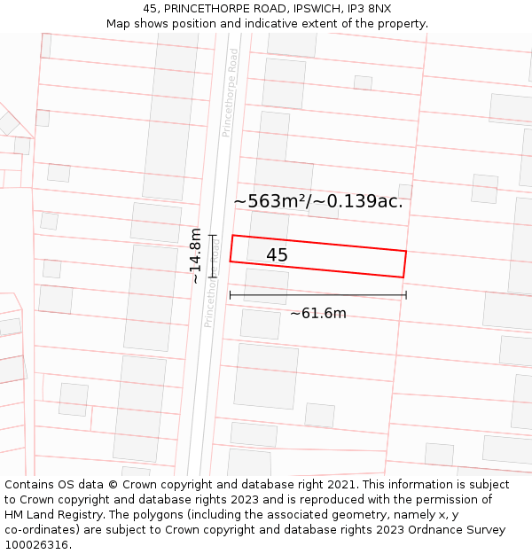 45, PRINCETHORPE ROAD, IPSWICH, IP3 8NX: Plot and title map