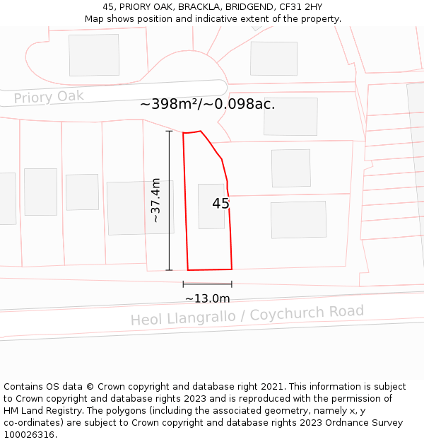 45, PRIORY OAK, BRACKLA, BRIDGEND, CF31 2HY: Plot and title map