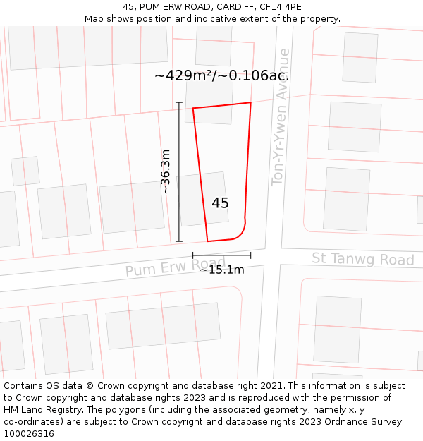 45, PUM ERW ROAD, CARDIFF, CF14 4PE: Plot and title map