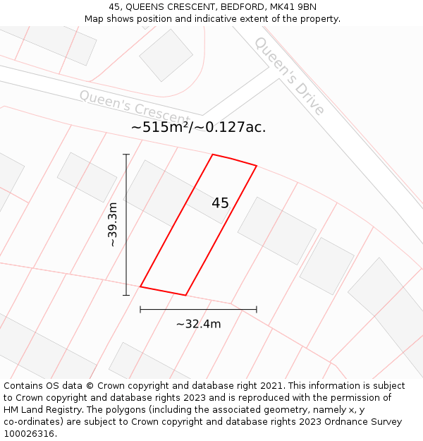 45, QUEENS CRESCENT, BEDFORD, MK41 9BN: Plot and title map