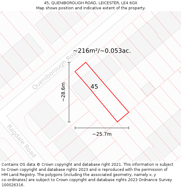 45, QUENIBOROUGH ROAD, LEICESTER, LE4 6GX: Plot and title map