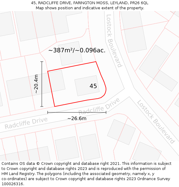 45, RADCLIFFE DRIVE, FARINGTON MOSS, LEYLAND, PR26 6QL: Plot and title map