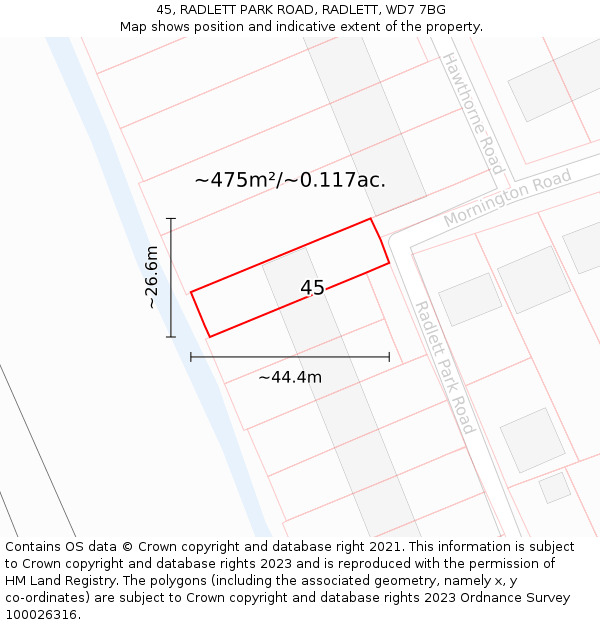 45, RADLETT PARK ROAD, RADLETT, WD7 7BG: Plot and title map