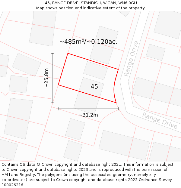 45, RANGE DRIVE, STANDISH, WIGAN, WN6 0GU: Plot and title map