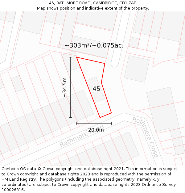45, RATHMORE ROAD, CAMBRIDGE, CB1 7AB: Plot and title map