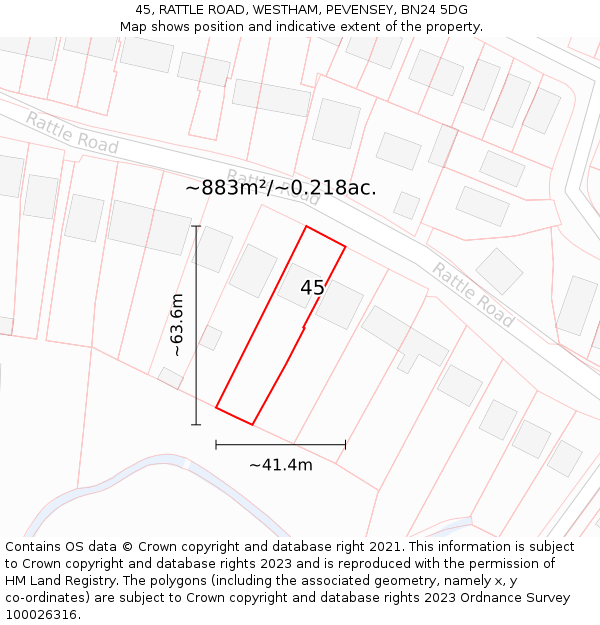 45, RATTLE ROAD, WESTHAM, PEVENSEY, BN24 5DG: Plot and title map