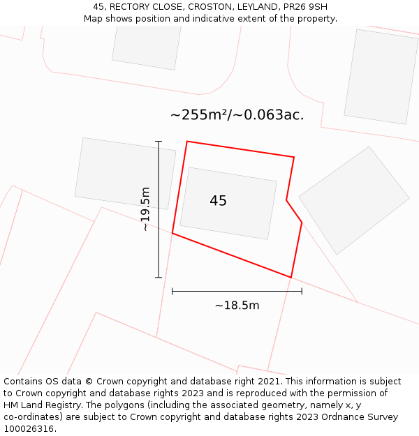 45, RECTORY CLOSE, CROSTON, LEYLAND, PR26 9SH: Plot and title map