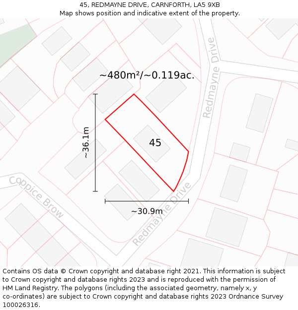 45, REDMAYNE DRIVE, CARNFORTH, LA5 9XB: Plot and title map