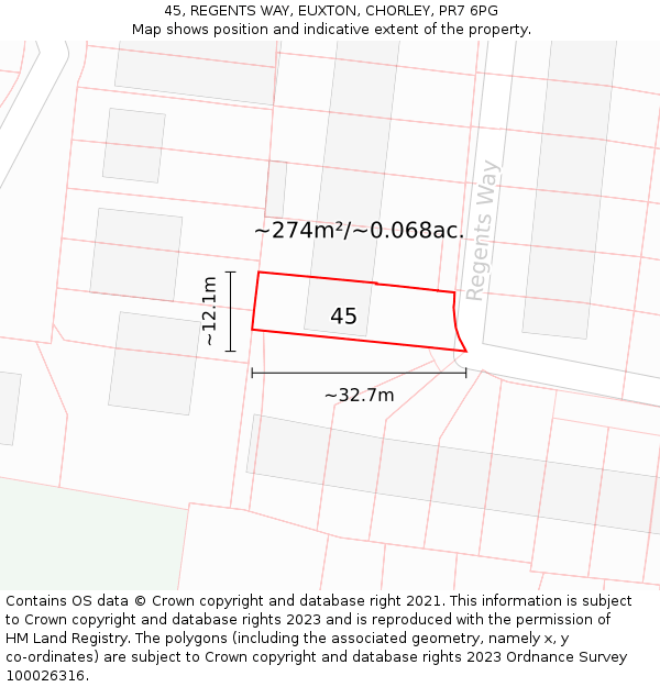 45, REGENTS WAY, EUXTON, CHORLEY, PR7 6PG: Plot and title map