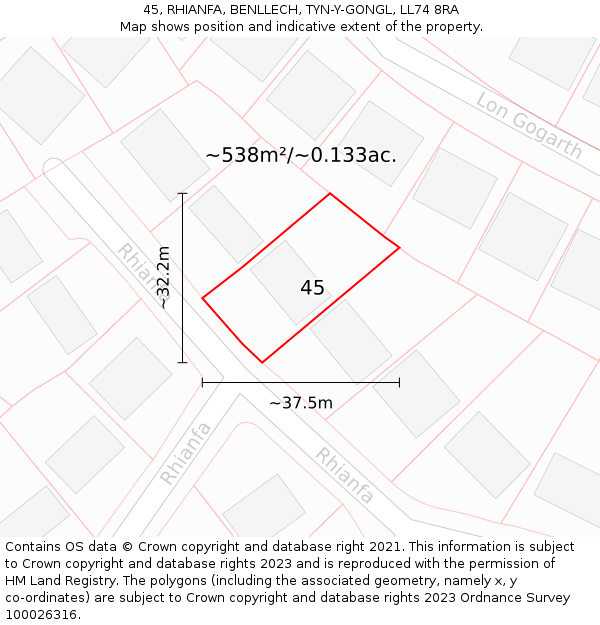45, RHIANFA, BENLLECH, TYN-Y-GONGL, LL74 8RA: Plot and title map