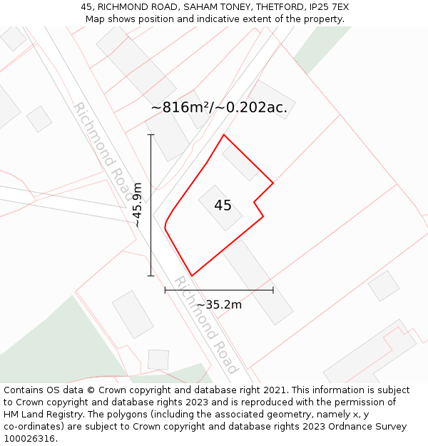 45, RICHMOND ROAD, SAHAM TONEY, THETFORD, IP25 7EX: Plot and title map