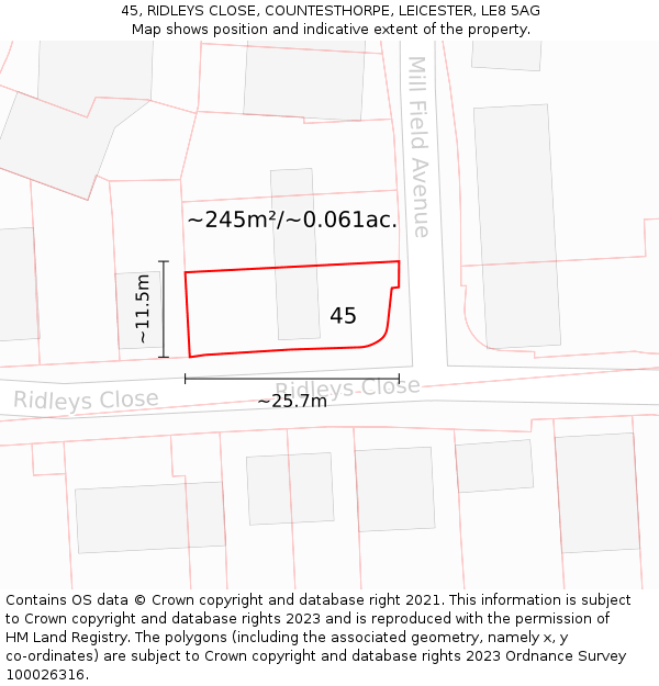 45, RIDLEYS CLOSE, COUNTESTHORPE, LEICESTER, LE8 5AG: Plot and title map