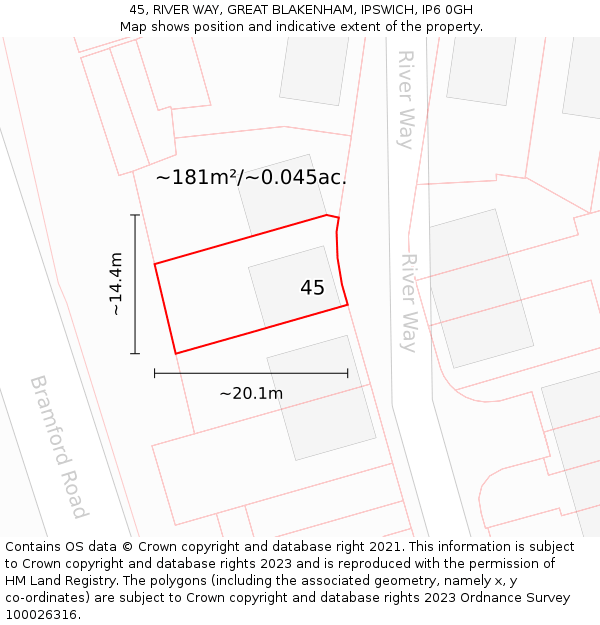 45, RIVER WAY, GREAT BLAKENHAM, IPSWICH, IP6 0GH: Plot and title map