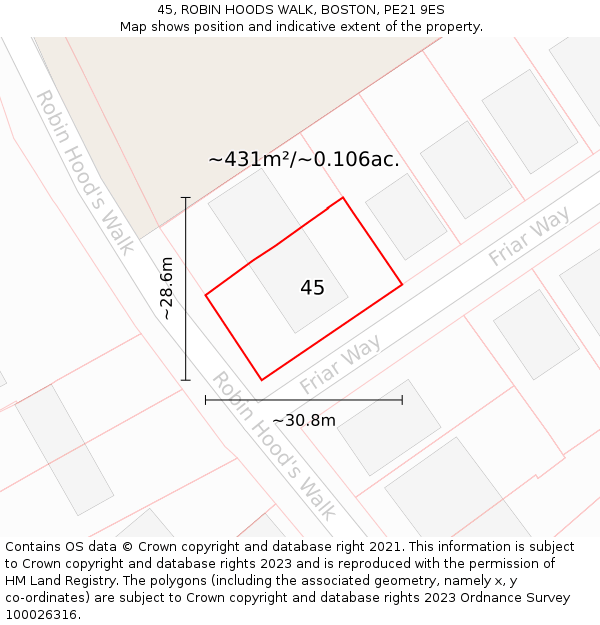 45, ROBIN HOODS WALK, BOSTON, PE21 9ES: Plot and title map