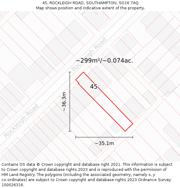45, ROCKLEIGH ROAD, SOUTHAMPTON, SO16 7AQ: Plot and title map