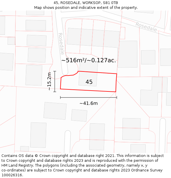 45, ROSEDALE, WORKSOP, S81 0TB: Plot and title map
