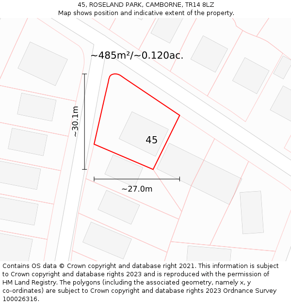 45, ROSELAND PARK, CAMBORNE, TR14 8LZ: Plot and title map