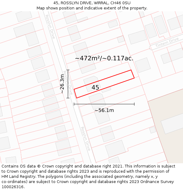 45, ROSSLYN DRIVE, WIRRAL, CH46 0SU: Plot and title map
